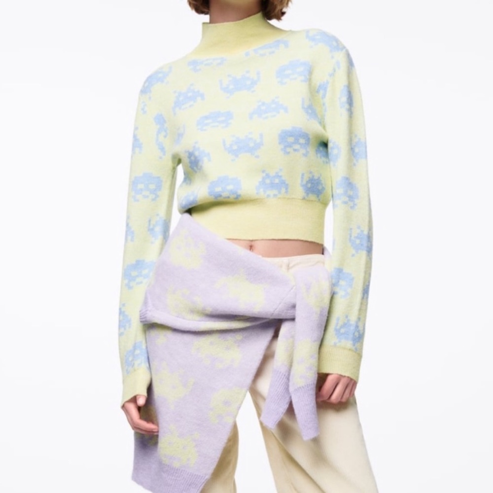 ZARA Space Invaders neon cropped mock neck sweater size small